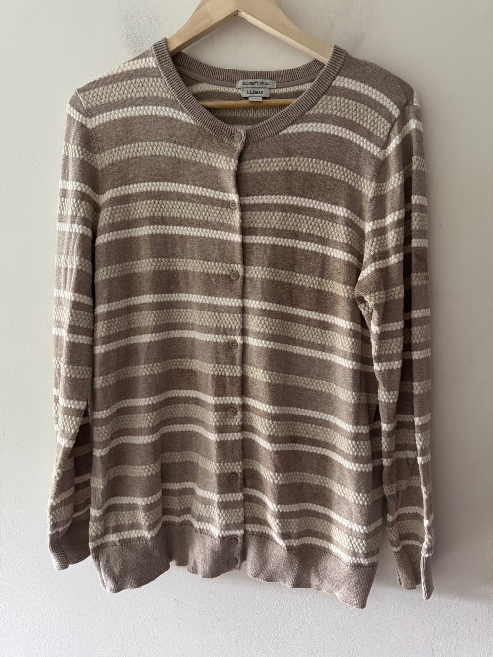 L.L.Bean Supima Cotton Striped Cardigan Sweater Beige and White